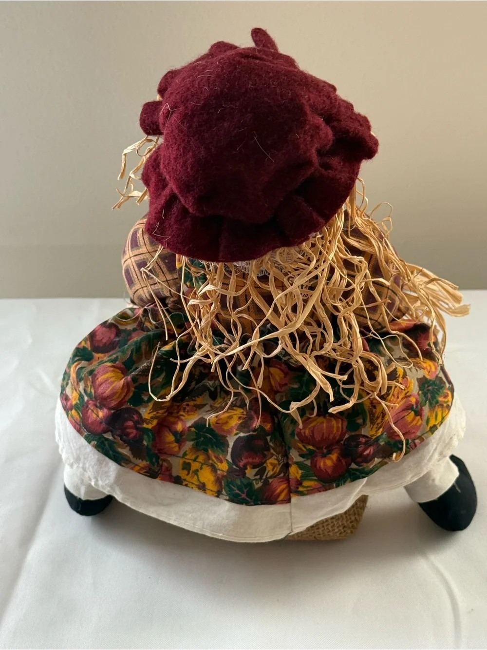 Vintage Harvest Scarecrow Doll with Plaid Dress and Maroon Hat Weighted Filling